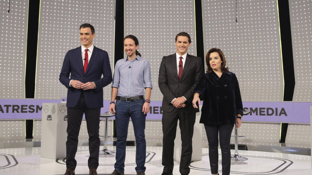Los participantes en el debate (de izquierda a derecha, Pedro Sánchez, Pablo Iglesias, Albert Rivera y Soraya Sáenz de Santamaría). 